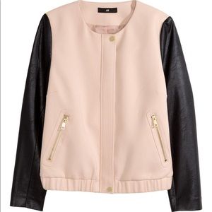 H&M Beige Black Faux Leather Sleeves Bomber Jacket